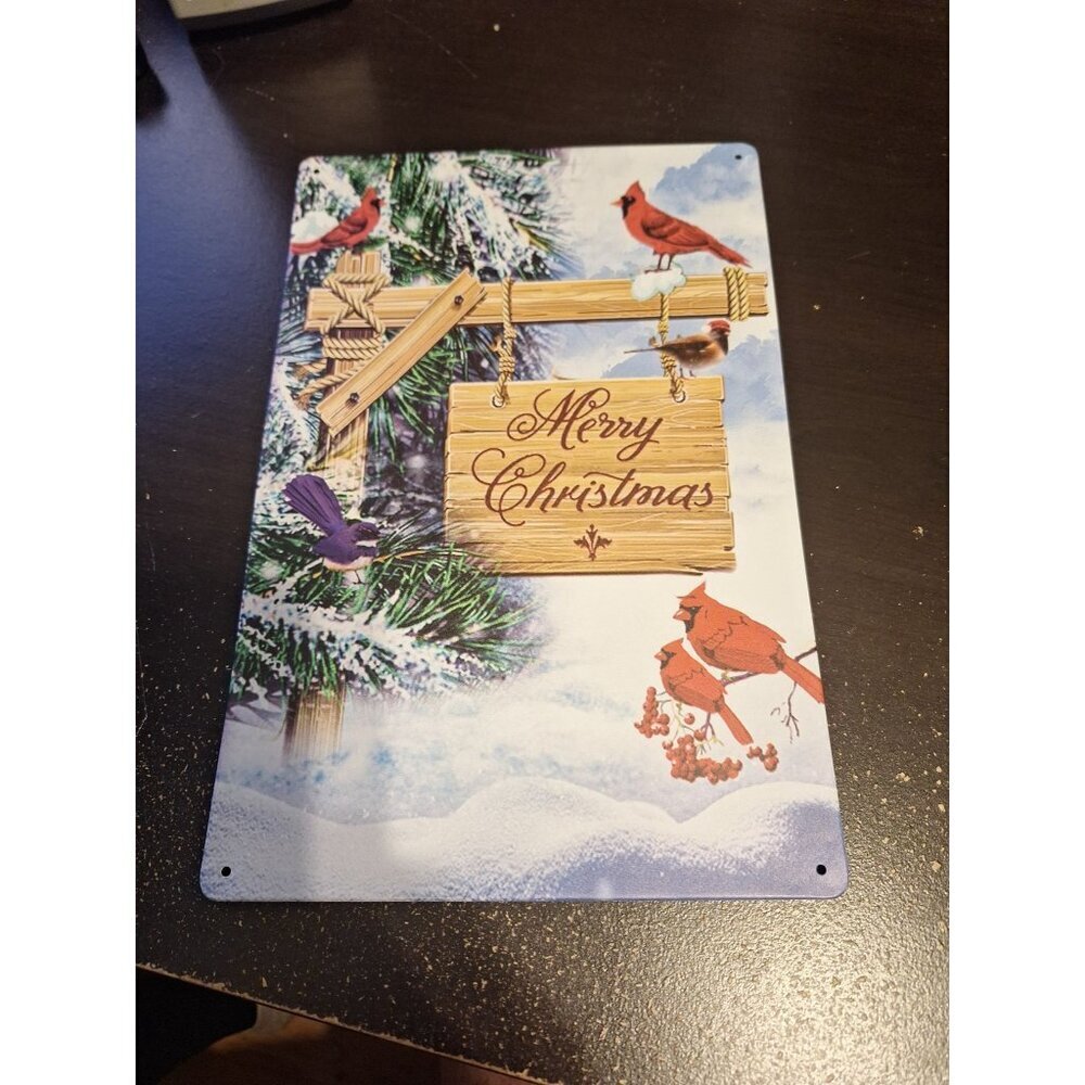Merry Christmas Red Birds Metal Tin Sign 8" x 12" Holiday Wall Decor Cardinal